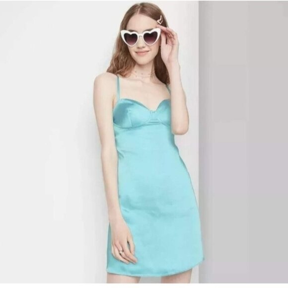 New! Wild Fable Satin Mini Dress Size Large MSRP $30 Aqua Blue - Picture 1 of 9